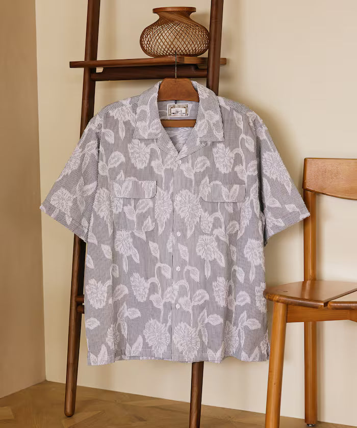 India-made Relaxed Fit Cut Jacquard Stripe Open Collar Short Sleeve Shirt