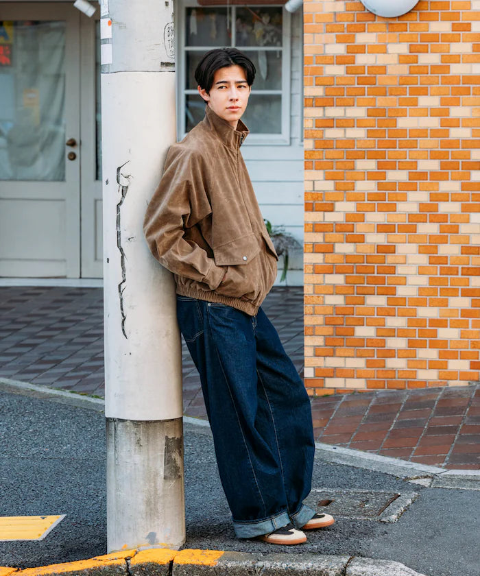 Washed processed leather red stand collar zip-up short blouson