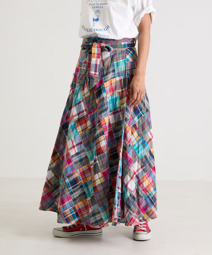 Indian patchwork check wrap skirt