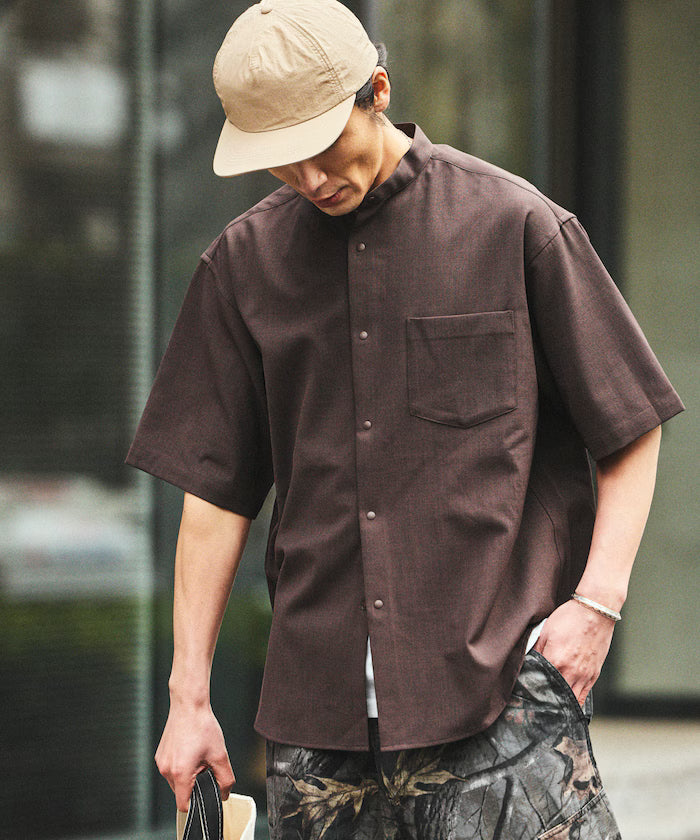 [New Color Added] Quick-Dry Material Relaxed Fit Band Collar Shirt Short Sleeve Linen Feel