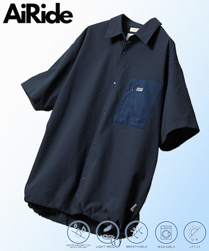 Limited Release AiRide Air Ride Relax Fit Mixed Material Pocket Seersucker Shirt Quick Dry Moisture Wicking UV Cut - Navy