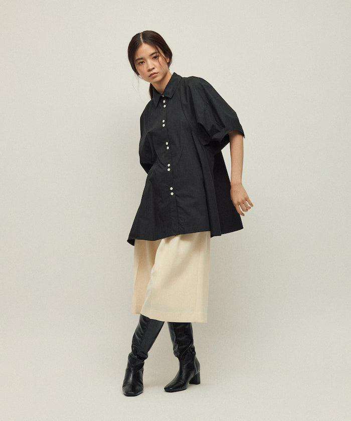 Switching Design Balloon Sleeve Shirt / 5-Minute Sleeve Blouse