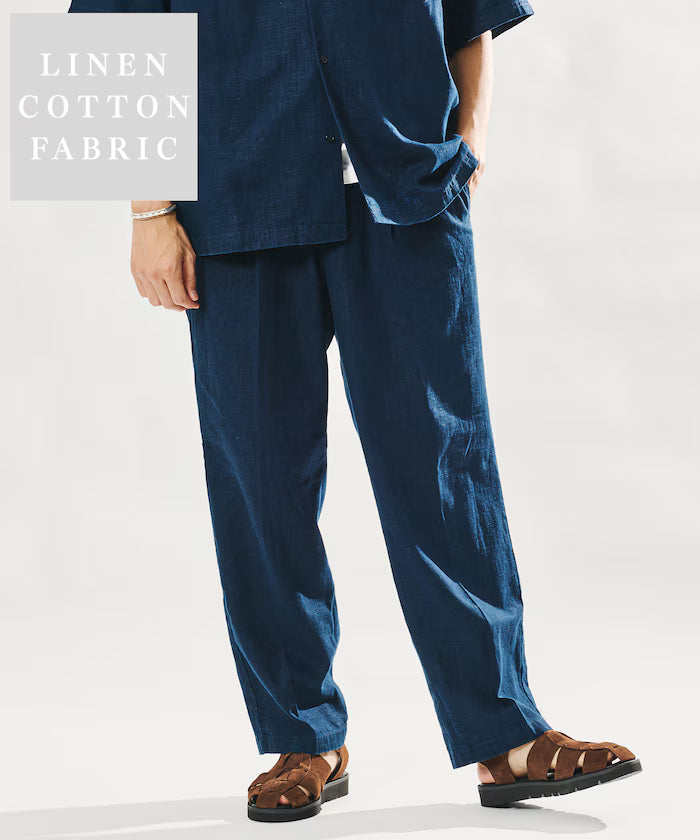 LINEN COTTON EASY SLACKS [Compatible with Setup] - Navy