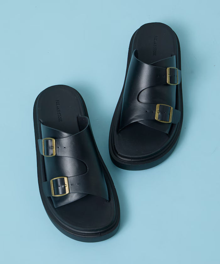 Double Monk Strap Leather Slide Sandals / Platform Sole [23~28cm] 【Limited Edition】 - Black