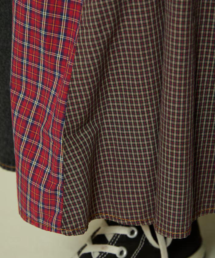 Side Front Denim Color Block Flared Skirt