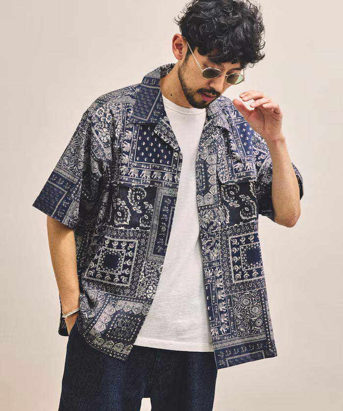 India-made Relaxed Fit Paisley Print Open Collar Short Sleeve Shirt Bandana Pattern