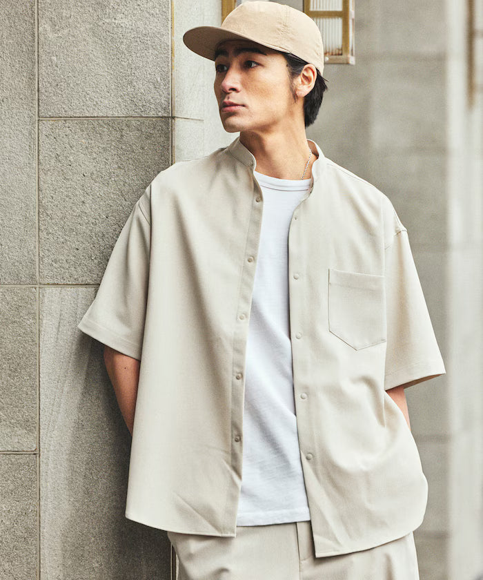 [New Color Added] Quick-Dry Material Relaxed Fit Band Collar Shirt Short Sleeve Linen Feel