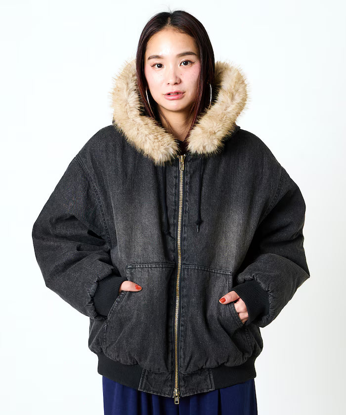 2way fake fur zip-up padded hooded jacket with detachable fur