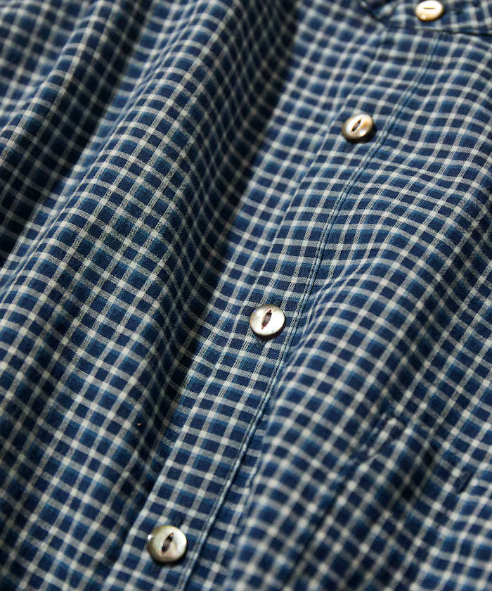 Indigo Madras Check Pullover Stand Collar Shirt