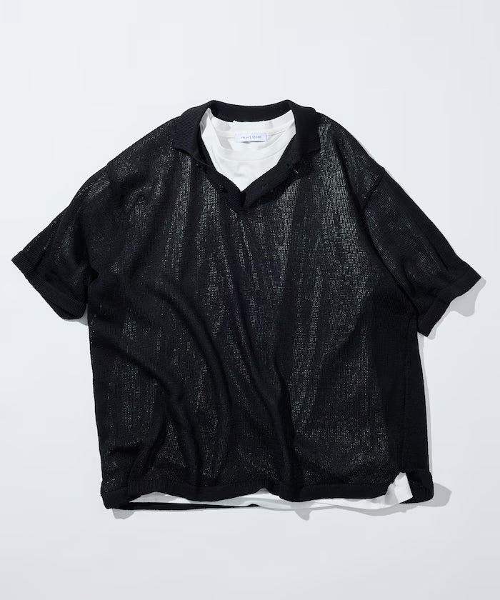 Sheer Knit Polo Shirt & Cotton T-Shirt Layered Set