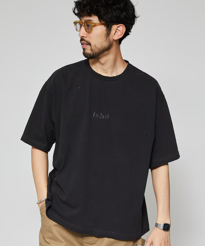 7.3 oz damaged processed front logo print short sleeve T-shirt / oversized crew neck short sleeve T-shirt