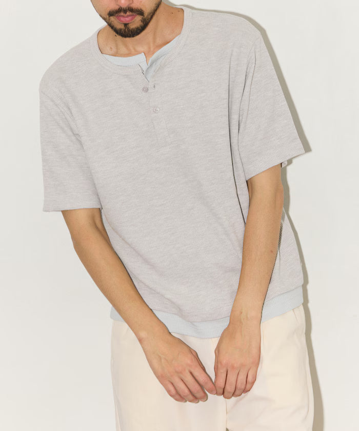 Waffle Fake Layered Henry Neck T-Shirt
