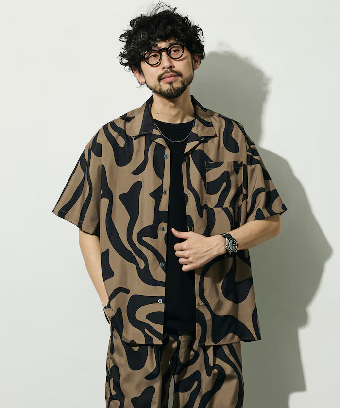 Open collar pattern short sleeve shirt / all-over design open collar shirt / compatible with set-up - Beige