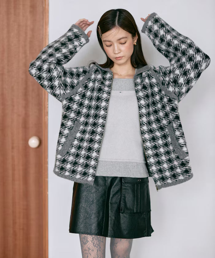Wool Blend Gancube Check Knit Zip Blouson