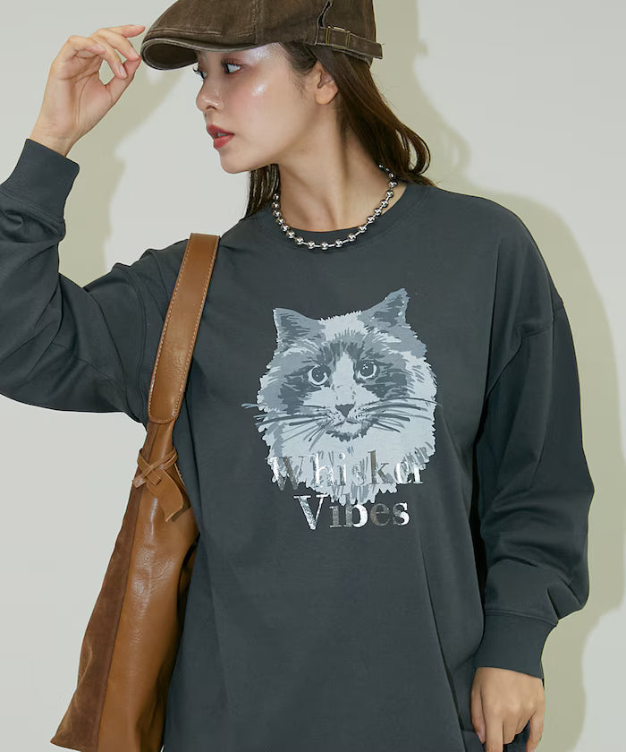 Handwritten-style Cat Print Foil Logo Long Sleeve T Limited Edition - Charcoal Gray