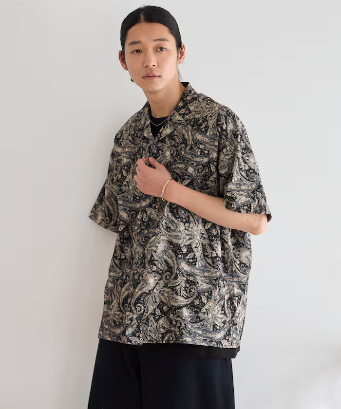 Open collar pattern short sleeve shirt / all-over design open collar shirt / compatible with set-up