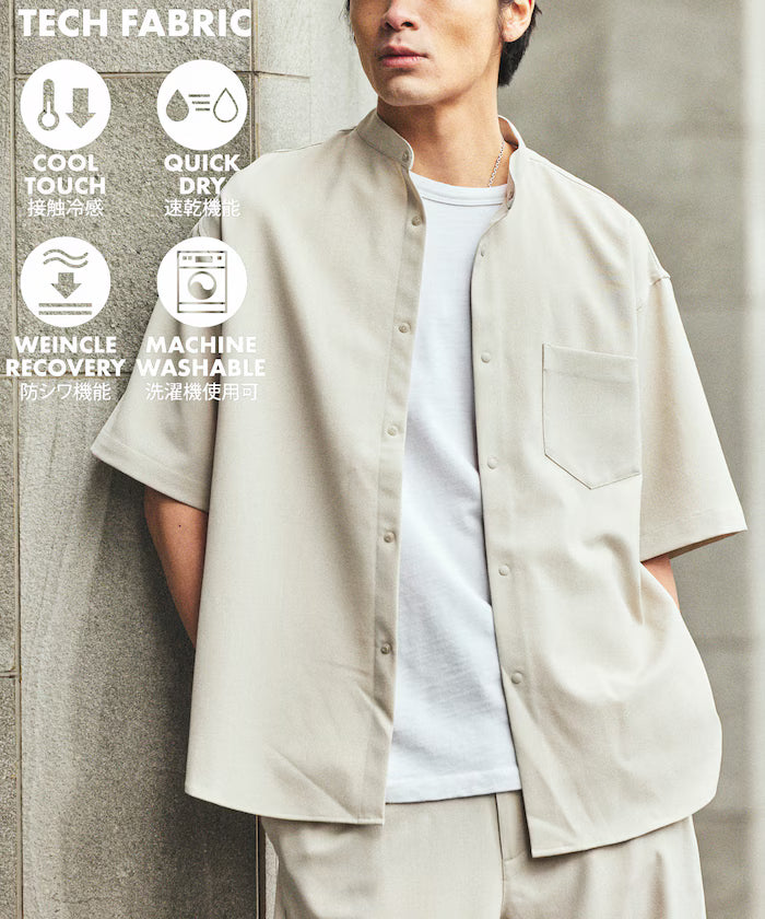 [New Color Added] Quick-Dry Material Relaxed Fit Band Collar Shirt Short Sleeve Linen Feel - Off White