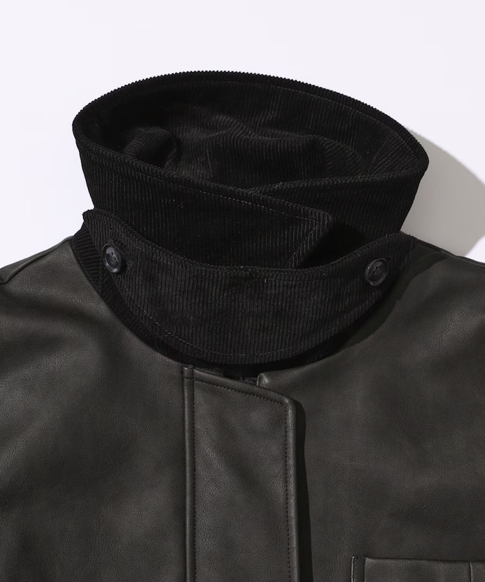 Oversized Crush Leatherette Jacket / Collar Corduroy