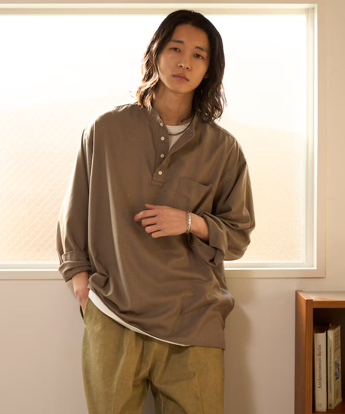 Relax Fit Linen Mix Band Collar Pullover Shirt [Limited Edition]