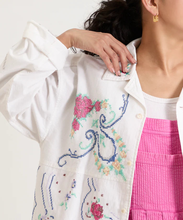 Open Collar Embroidered Shirt Jacket