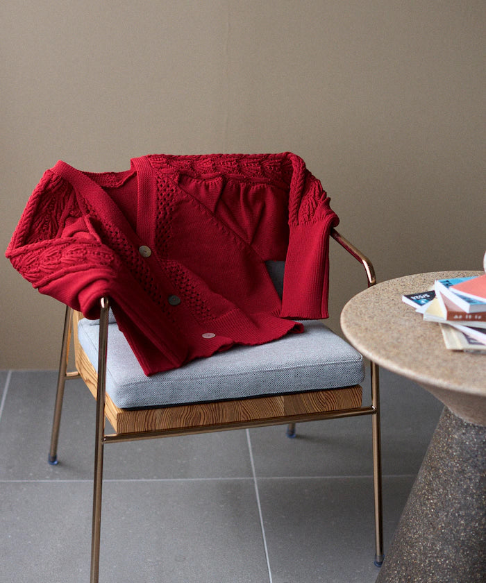Variation Button Volume Sleeve Cable Knit Cardigan