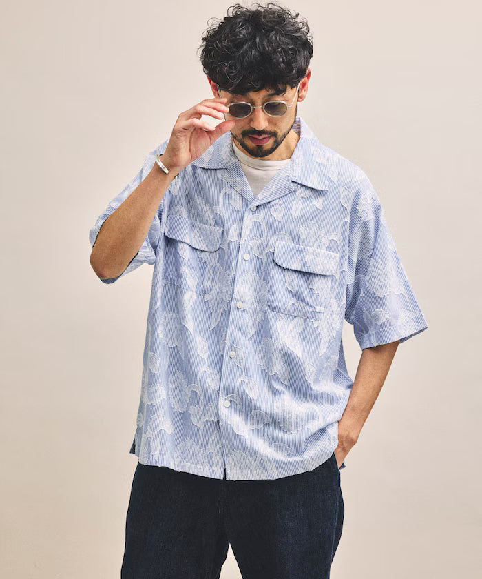 India-made Relaxed Fit Cut Jacquard Stripe Open Collar Short Sleeve Shirt