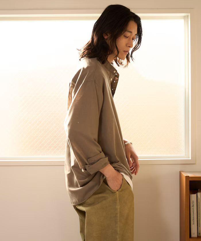 Relax Fit Linen Mix Band Collar Pullover Shirt [Limited Edition]
