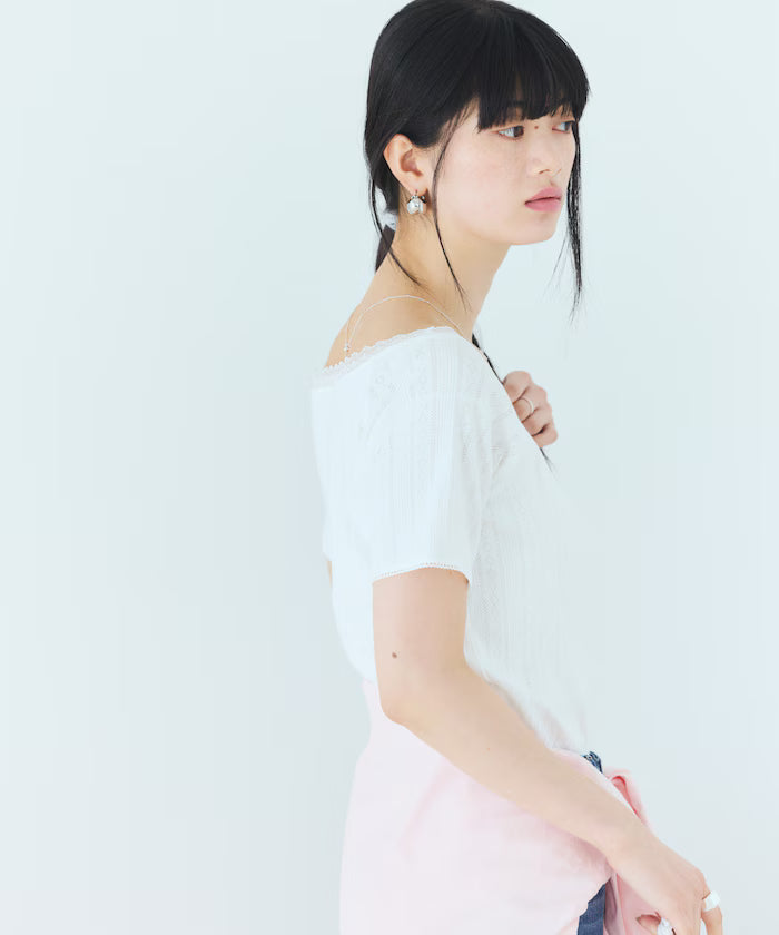 Boat Neck Pullover Knit Lace T-Shirt