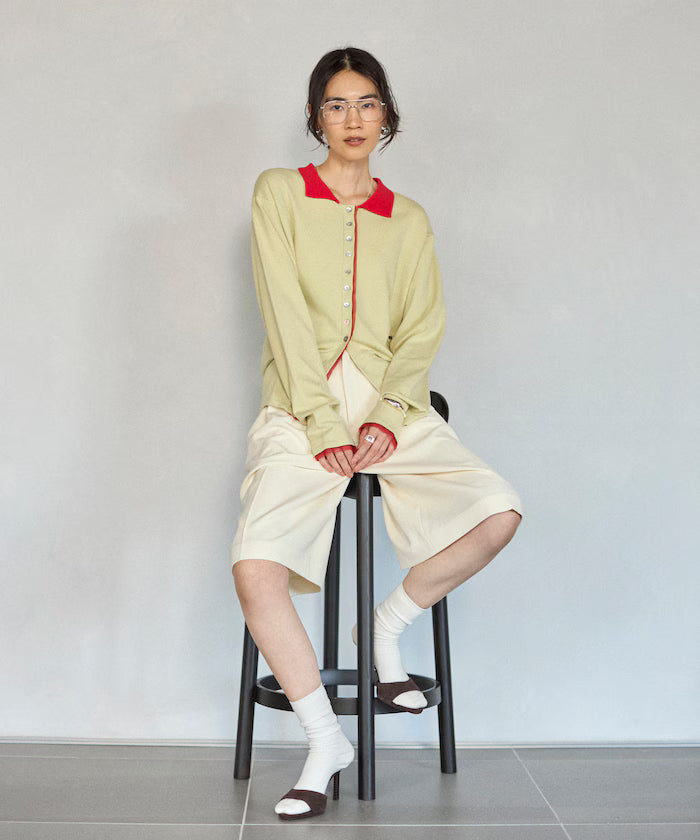 Color Design Fake Layered Long Sleeve Polo Knit Cardigan