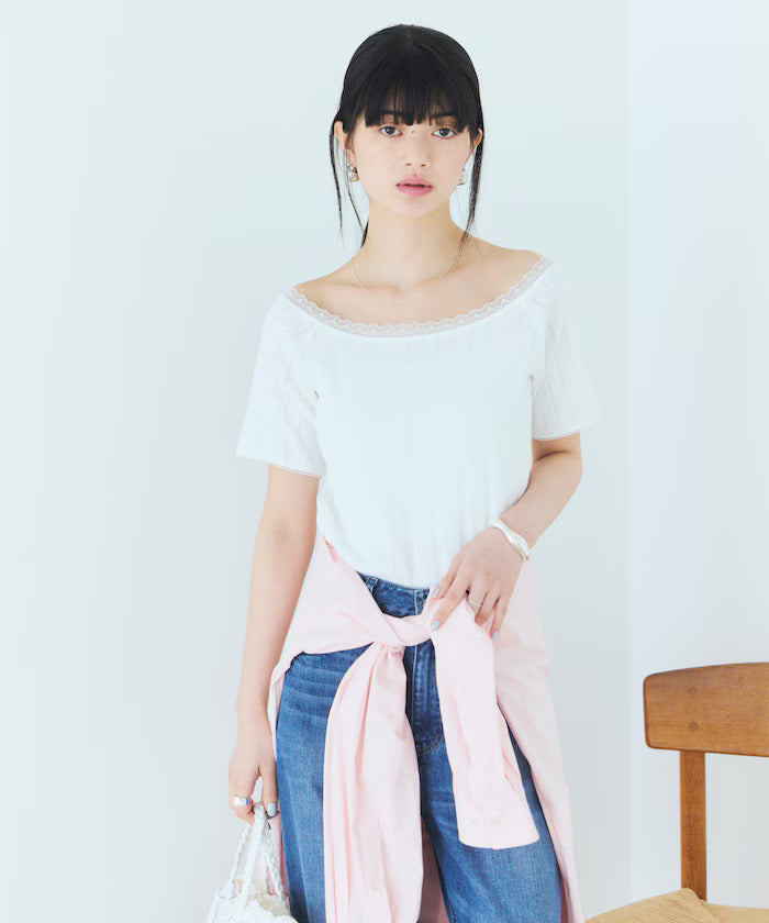 Boat Neck Pullover Knit Lace T-Shirt