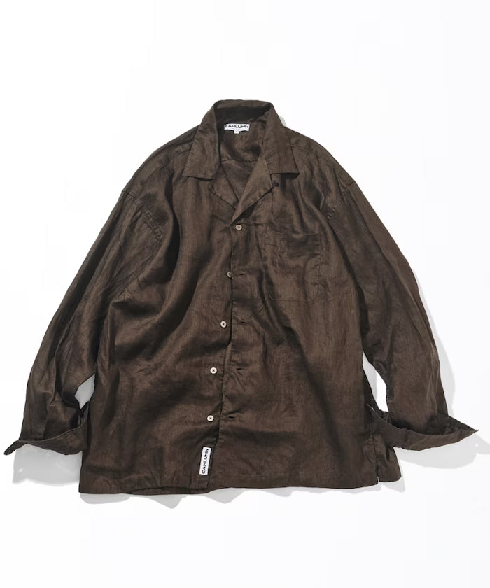 Linen Open Collar Long Sleeve Shirt - Brown