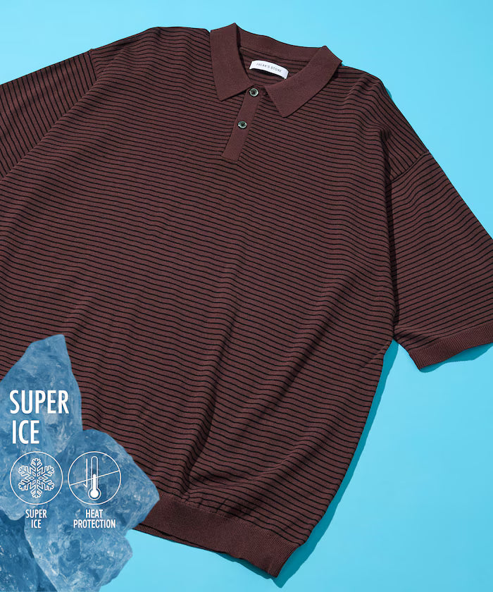 [New Color Added] SUPER ICE / Super Ice Short Sleeve Polo Neck Knit / Contact Cold Sensation - Border (BRW×BLK)