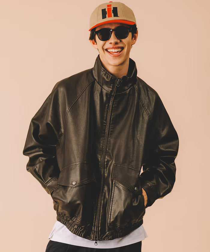 Washed processed leather red stand collar zip-up short blouson