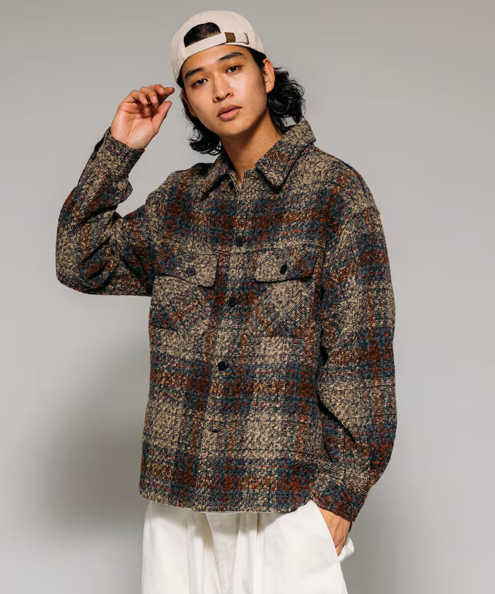 Poly Tweed CPO Check Shirt Jacket - Beige