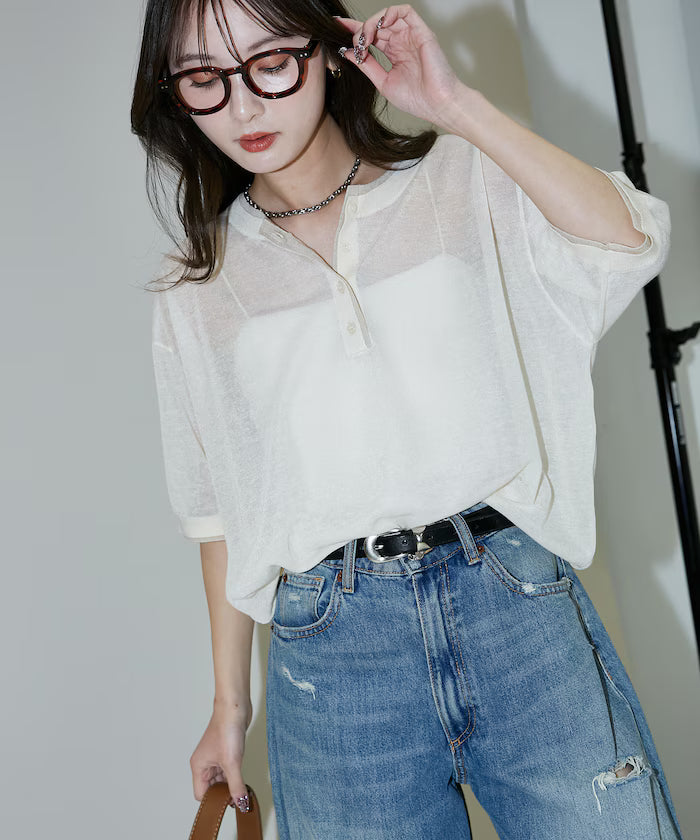 Washable linen color block henley neck knit top limited release - Natural