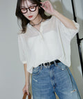 Washable linen color block henley neck knit top limited release - Natural