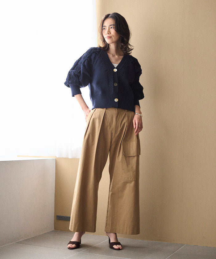 Variation Button Volume Sleeve Cable Knit Cardigan
