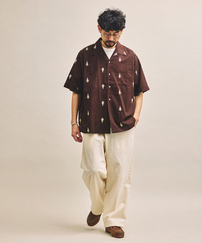 India-made all-over pattern embroidered relax-fit open collar short sleeve shirt