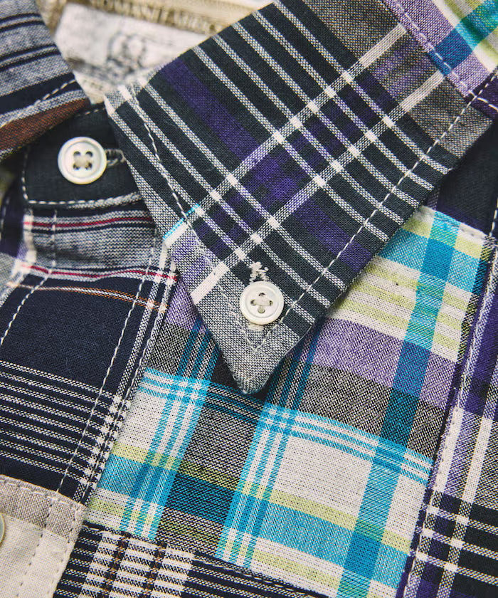 Indian-made Relaxed Fit Madras Check Patchwork Button-down Short Sleeve Shirt
