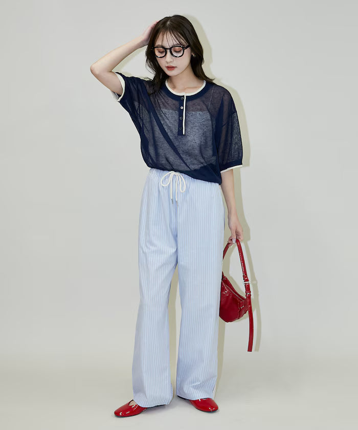 Washable linen color block henley neck knit top limited release