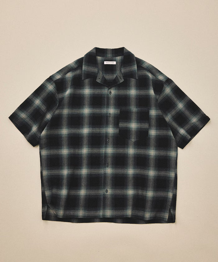 Dyed Ombre Check Open Collar Short Sleeve Sheer Shirt Relaxed Fit