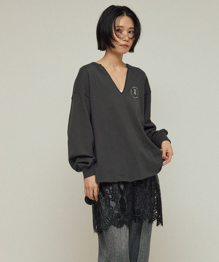 Organic Cotton V-Neck Embroidery Sweatshirt / Relaxed Fit / French Terry Sweatshirt