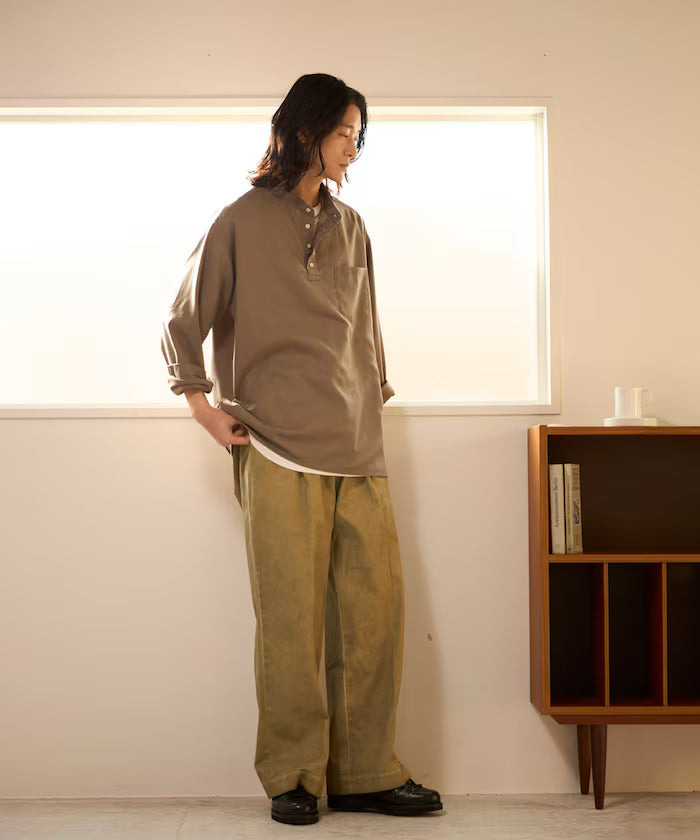 Relax Fit Linen Mix Band Collar Pullover Shirt [Limited Edition]