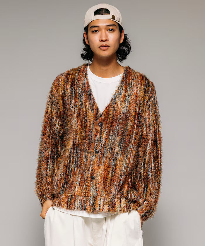Relaxed Fit Shaggy Knit Multi-Stripe Cardigan