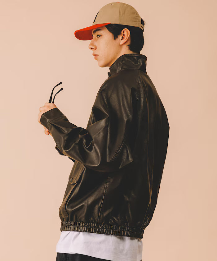 Washed processed leather red stand collar zip-up short blouson