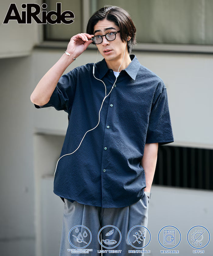 AiRide/AiRide Relax Fit Short Sleeve Seersucker Shirt/Pocketable/Quick Dry/UV Cut [Limited Edition] - Navy