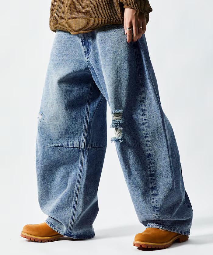 Wide Silhouette Curve Damaged Denim Pants - Navy