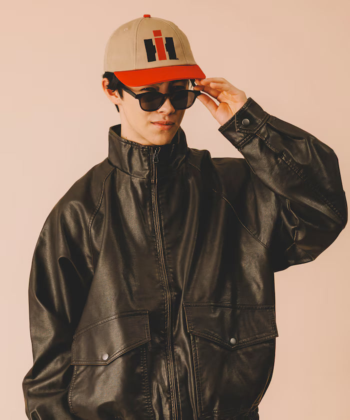 Washed processed leather red stand collar zip-up short blouson