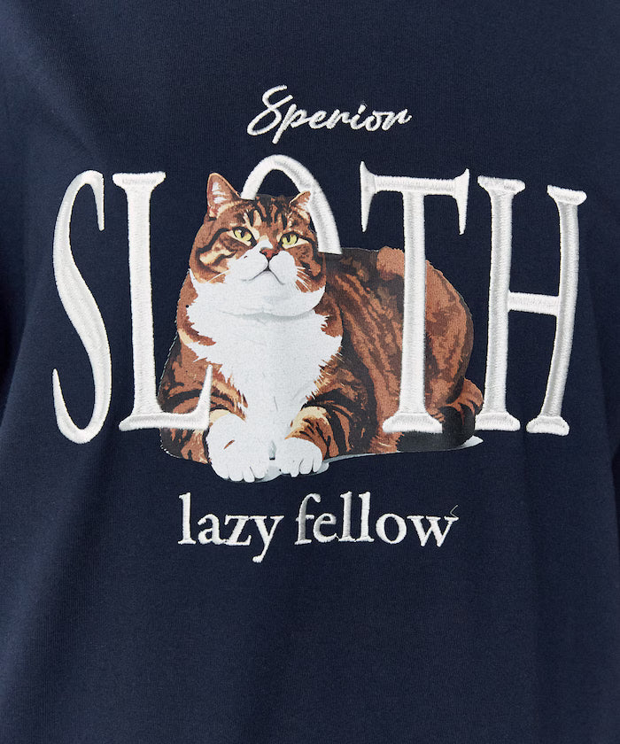 <Functional Material> SLOTH Embroidered Cat T-Shirt Limited Edition