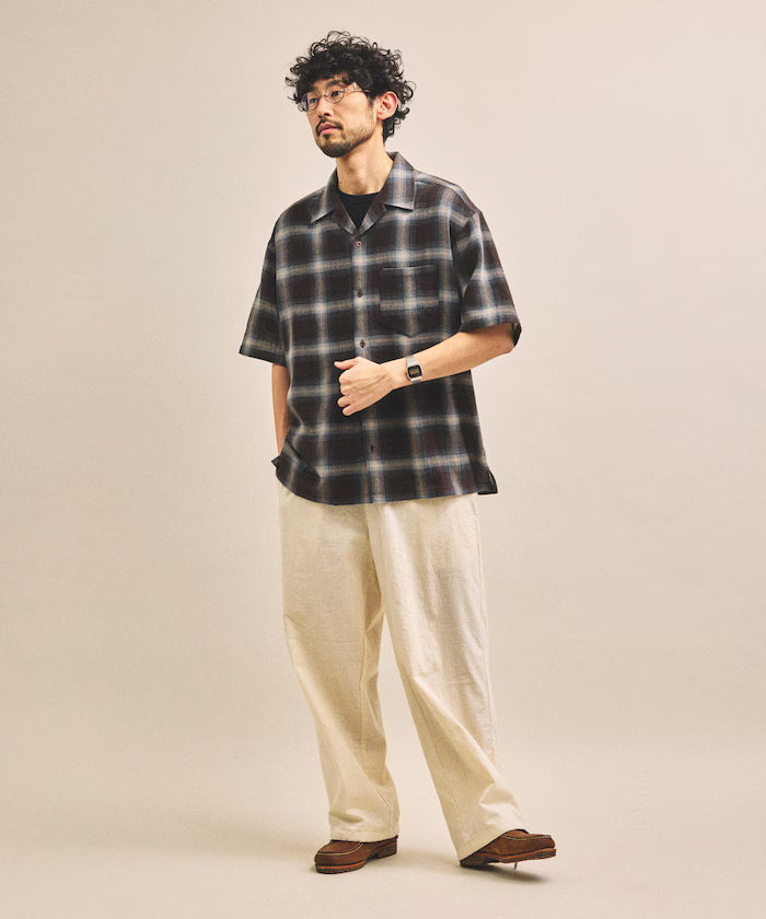 Dyed Ombre Check Open Collar Short Sleeve Sheer Shirt Relaxed Fit
